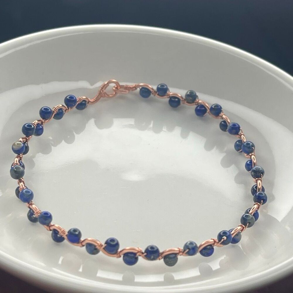 Lapis lazuli blue bangle bracelet 7” 99.9% copper wire beaded beads handcrafted